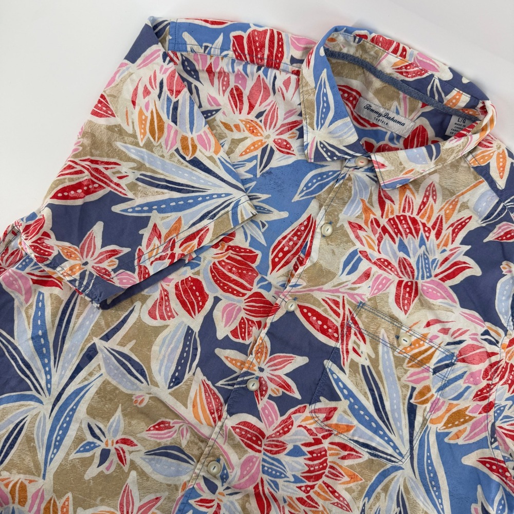Tommy Bahama Tortola Shirt Mens Large Blue Floral Tencel Cotton Short Sleeve